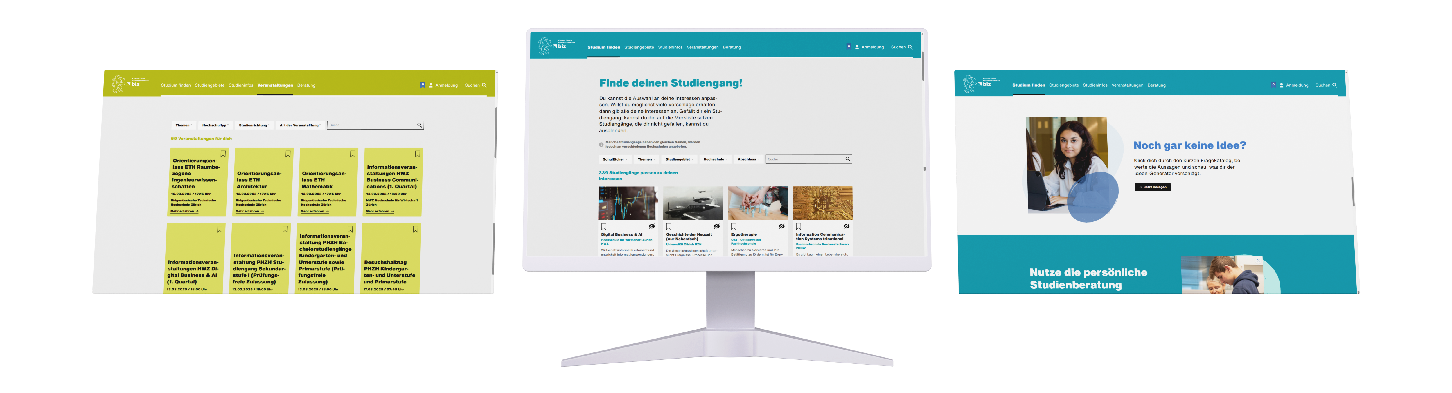 Three Screens showing the Studienwahl Website